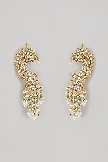 Gold Finish Kundan Polki & Pearl Beaded Ear Cuff Earrings
