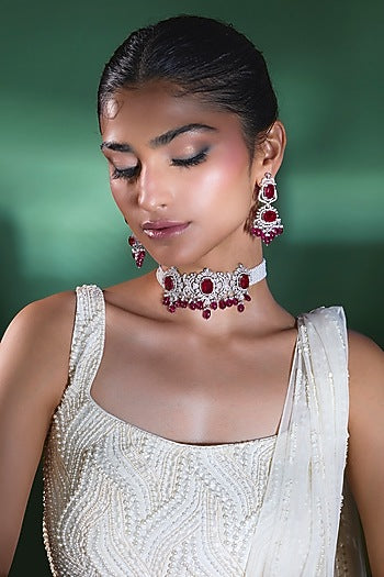 Silver Finish Zircon & Ruby Choker Necklace Set