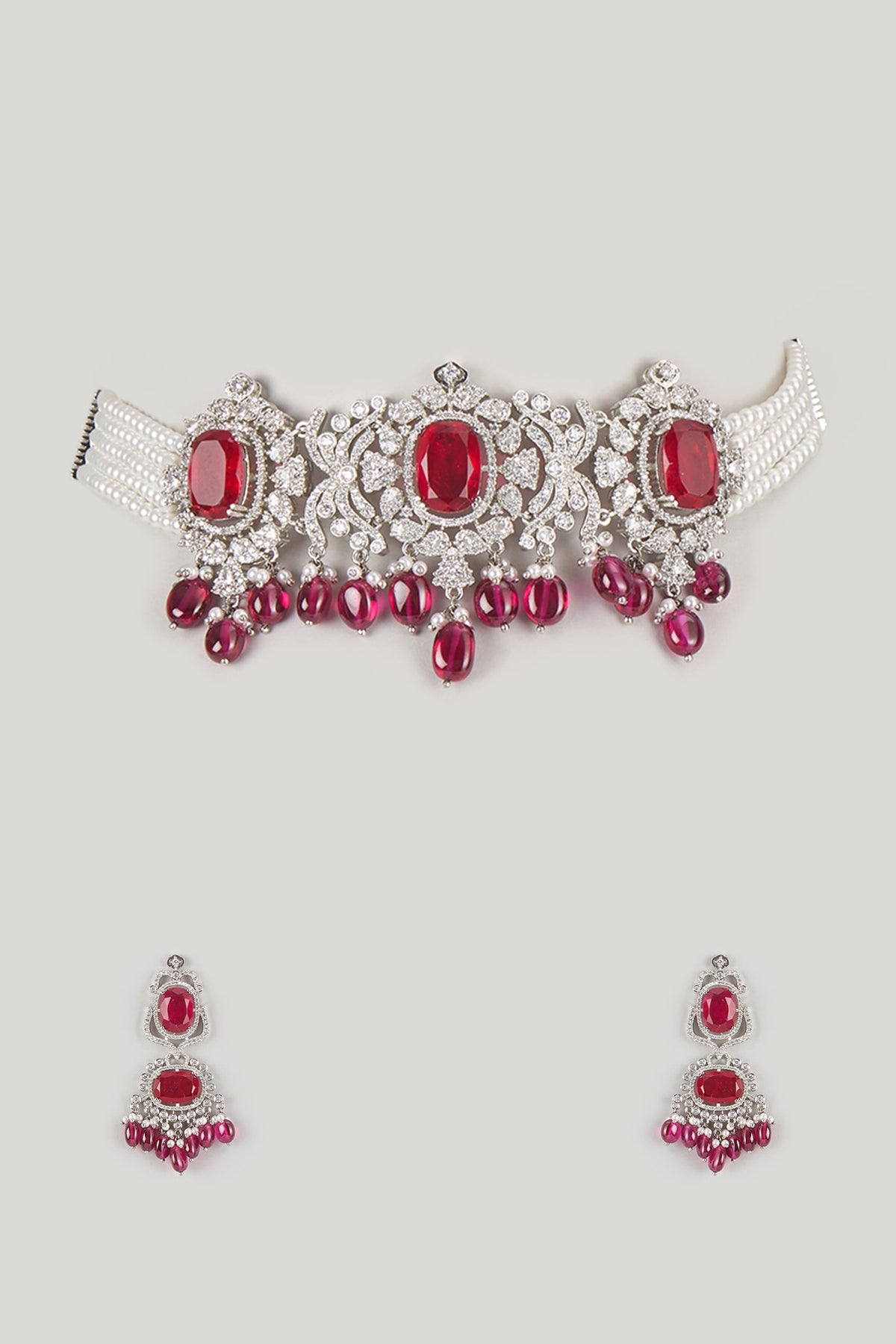 Silver Finish Zircon & Ruby Choker Necklace Set