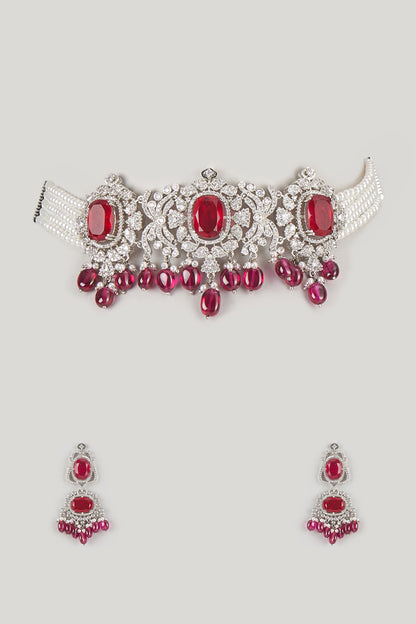 Silver Finish Zircon & Ruby Choker Necklace Set