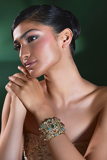 Gold Finish Zircon & Multi-Colored Stone Adjustable Kada