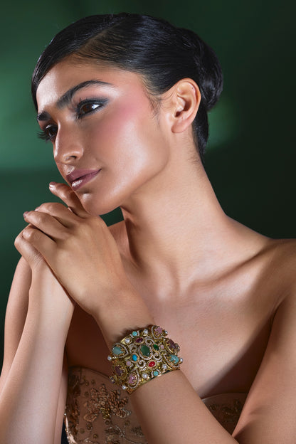 Gold Finish Zircon & Multi-Colored Stone Adjustable Kada