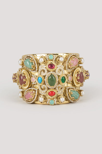 Gold Finish Zircon & Multi-Colored Stone Adjustable Kada