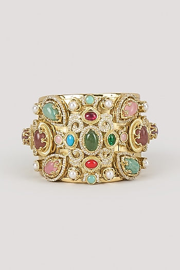 Gold Finish Zircon & Multi-Colored Stone Adjustable Kada
