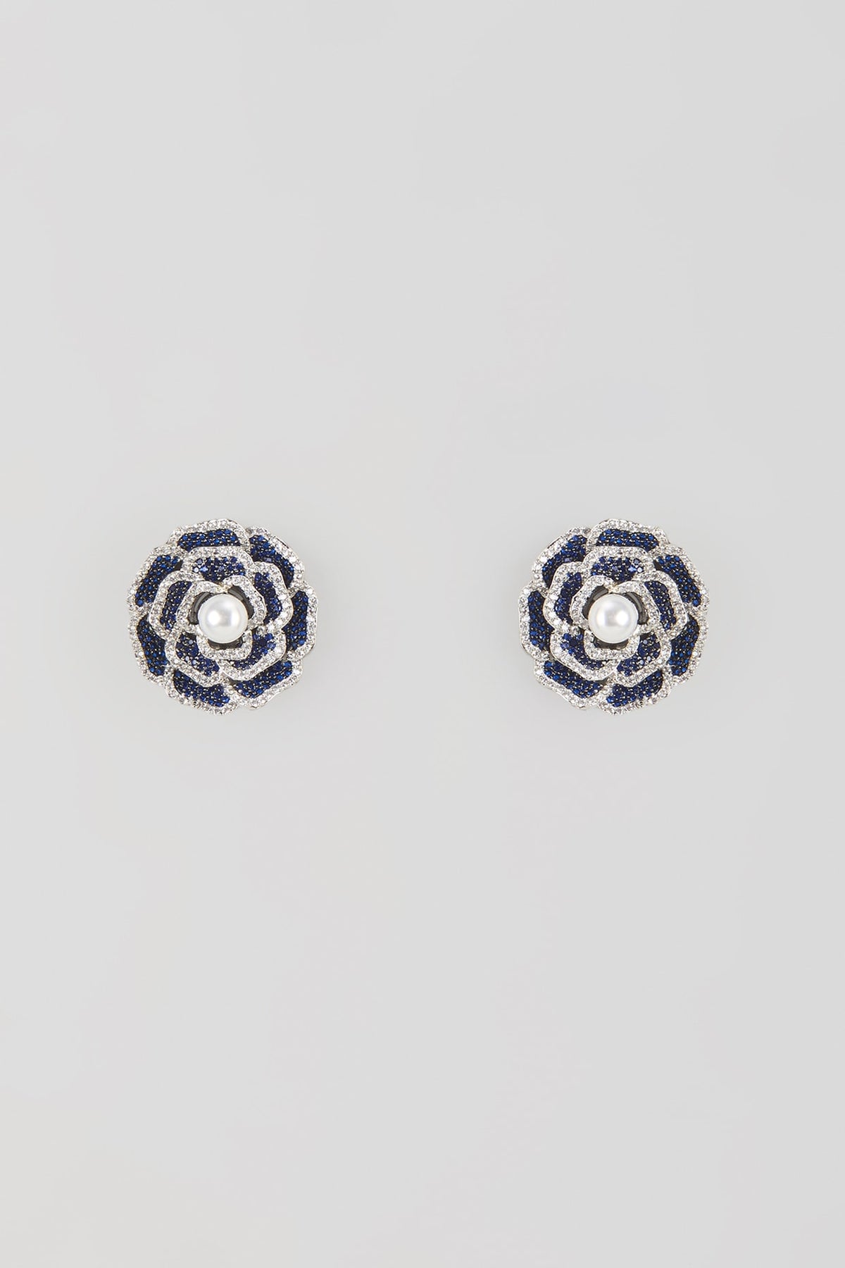 Silver Finish Blue Sapphire & Zircon Stud Earrings