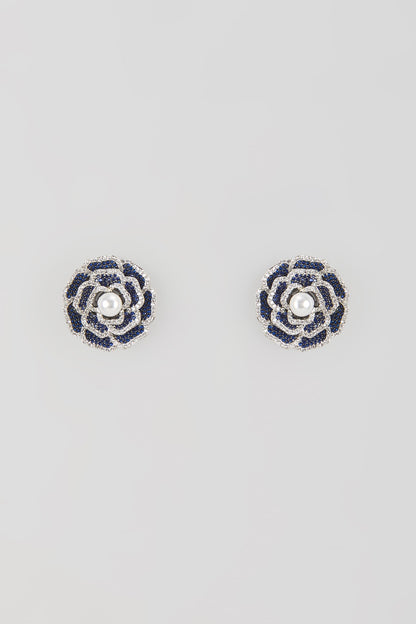 Silver Finish Blue Sapphire & Zircon Stud Earrings