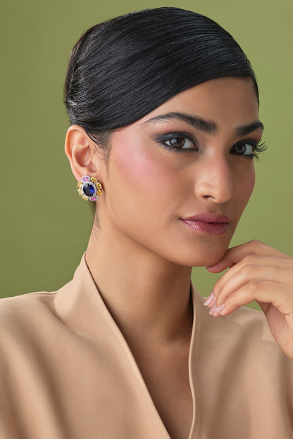 Silver Finish Blue Sapphire & Zircon Stud Earrings
