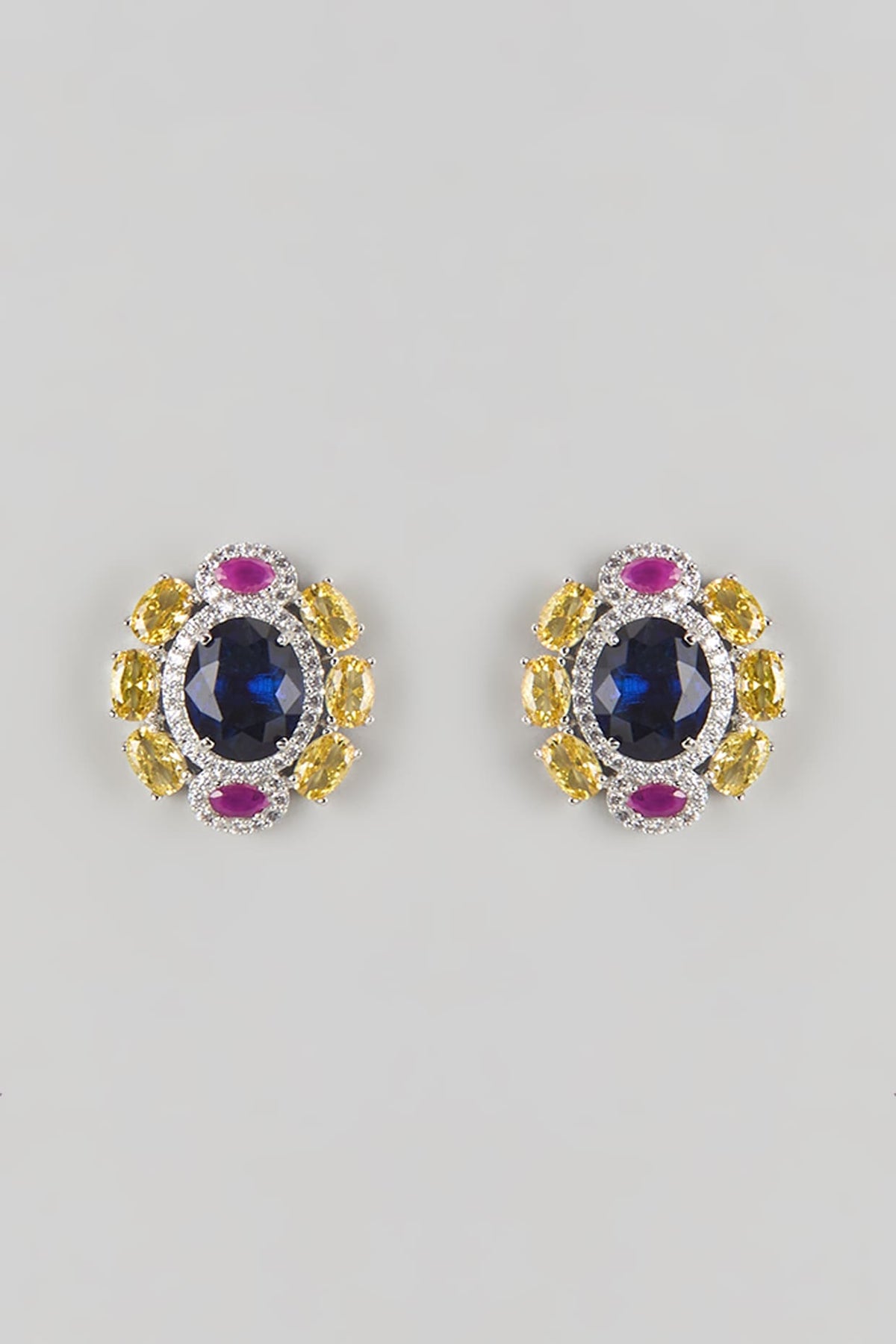 Silver Finish Blue Sapphire & Zircon Stud Earrings