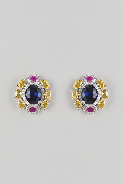 Silver Finish Blue Sapphire & Zircon Stud Earrings