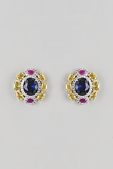 Silver Finish Blue Sapphire & Zircon Stud Earrings