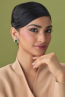 Silver Finish Emerald & Zircon Stud Earrings