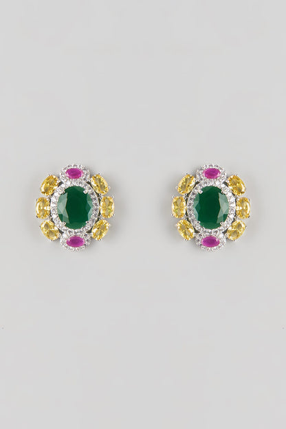 Silver Finish Emerald & Zircon Stud Earrings