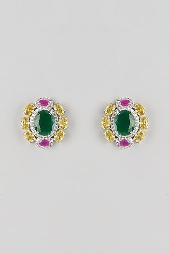 Silver Finish Emerald & Zircon Stud Earrings