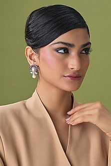 Silver Finish Amethyst & Peach Stone Stud Earrings