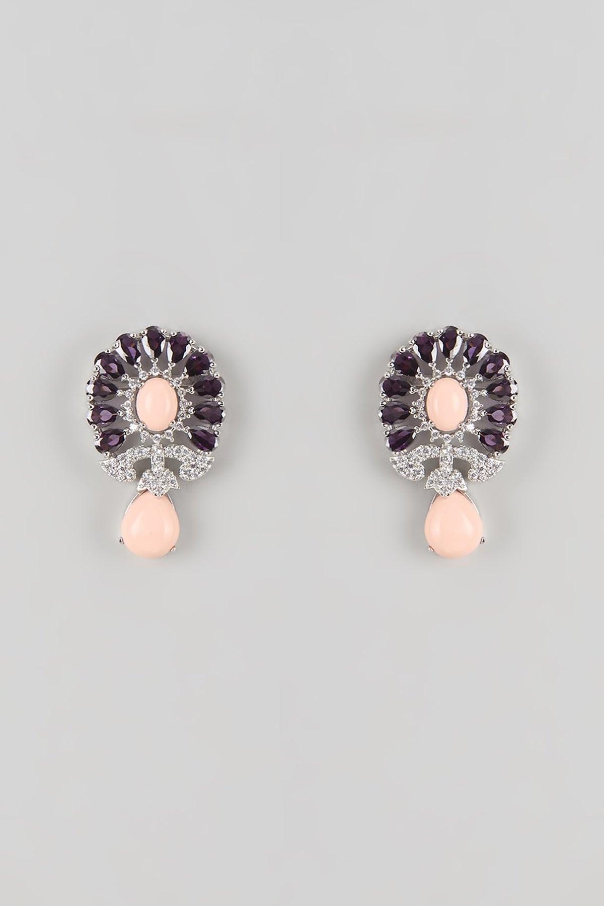 Silver Finish Amethyst & Peach Stone Stud Earrings