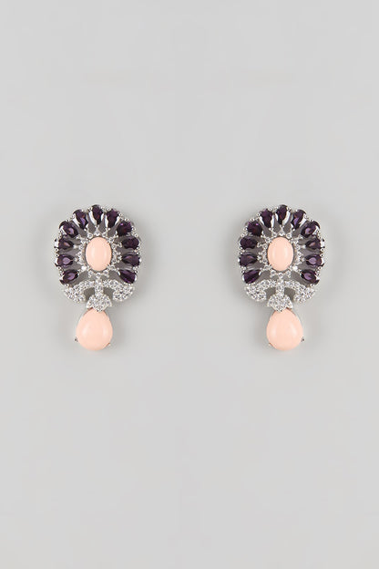 Silver Finish Amethyst & Peach Stone Stud Earrings