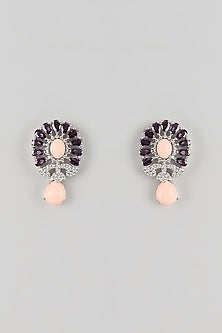 Silver Finish Amethyst & Peach Stone Stud Earrings