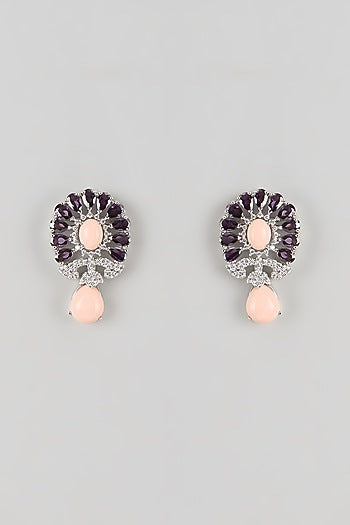 Silver Finish Amethyst & Peach Stone Stud Earrings
