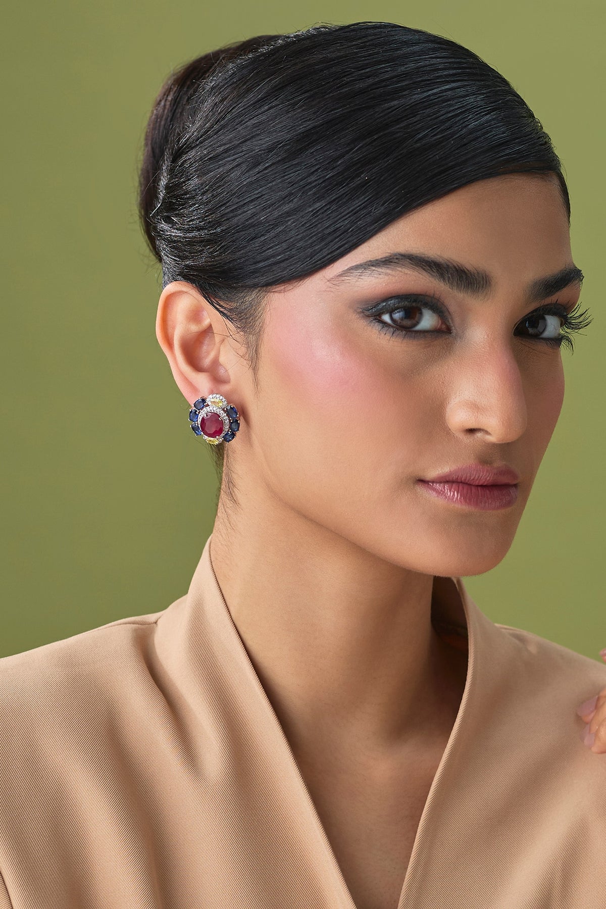 Silver Finish Ruby & Emerald Stud Earrings