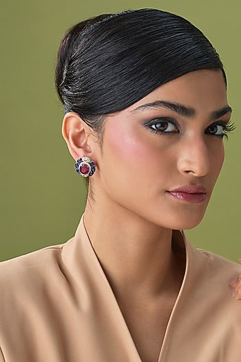 Silver Finish Ruby & Emerald Stud Earrings