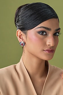 Silver Finish Ruby & Emerald Stud Earrings