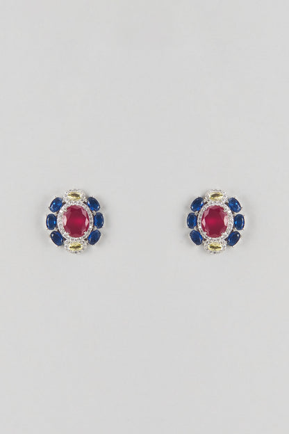 Silver Finish Ruby & Emerald Stud Earrings