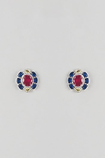 Silver Finish Ruby & Emerald Stud Earrings