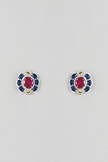 Silver Finish Ruby & Emerald Stud Earrings
