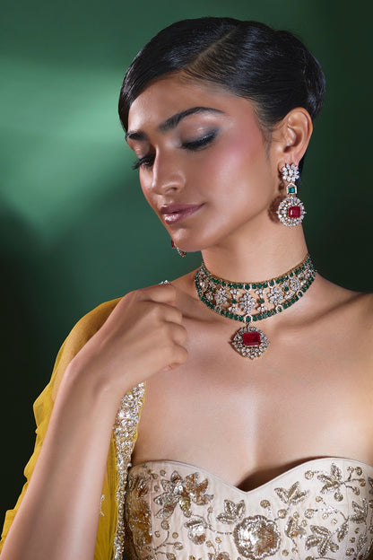 Gold Finish Ruby & Emerald Choker Necklace Set