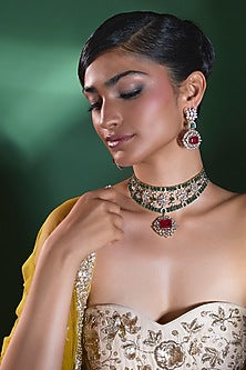 Gold Finish Ruby & Emerald Choker Necklace Set