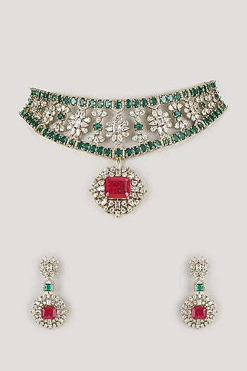 Gold Finish Ruby & Emerald Choker Necklace Set