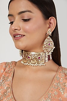 Gold Finish Ruby Choker Necklace Set
