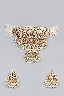 Gold Finish Ruby & Pearl Choker Necklace Set
