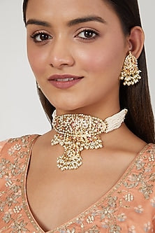 Gold Finish Ruby & Pearl Choker Necklace Set