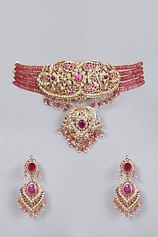 Gold Finish Pink Jadau Choker Necklace Set