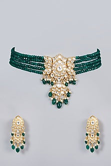 Gold Finish Emerald Beaded Choker Necklace Set