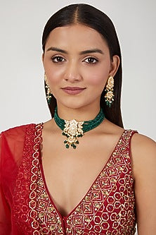 Gold Finish Emerald Beaded Choker Necklace Set