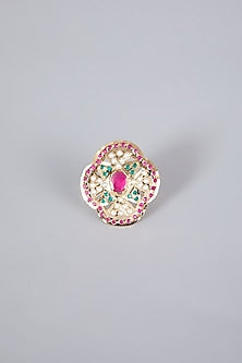 Gold Finish Multi Colored Jadau Adjustable Ring