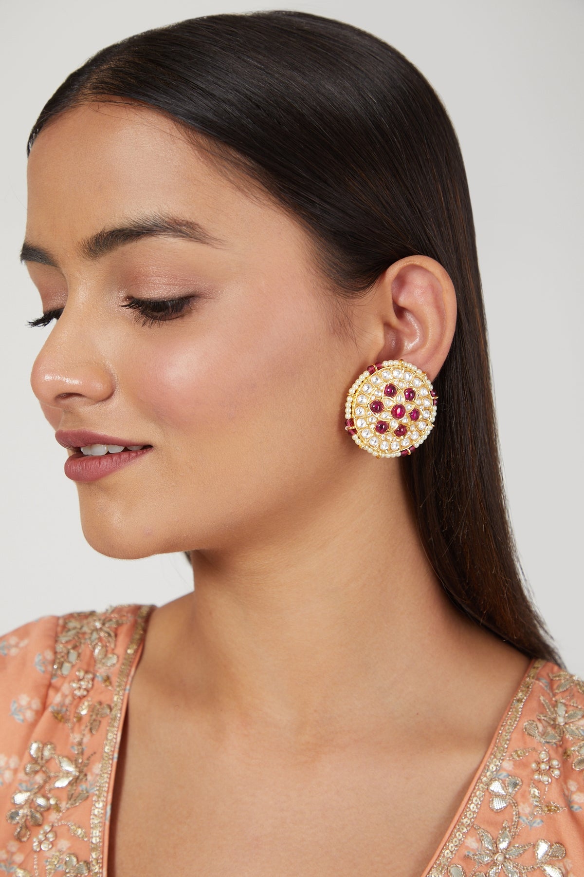 Gold Finish Kundan Polki & Ruby Earrings