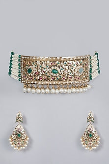 Gold Finish Emerald & Pearl Choker Necklace Set