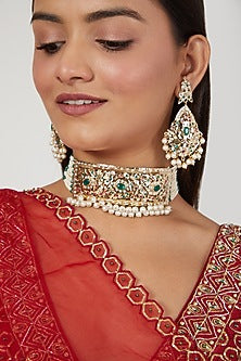 Gold Finish Emerald & Pearl Choker Necklace Set