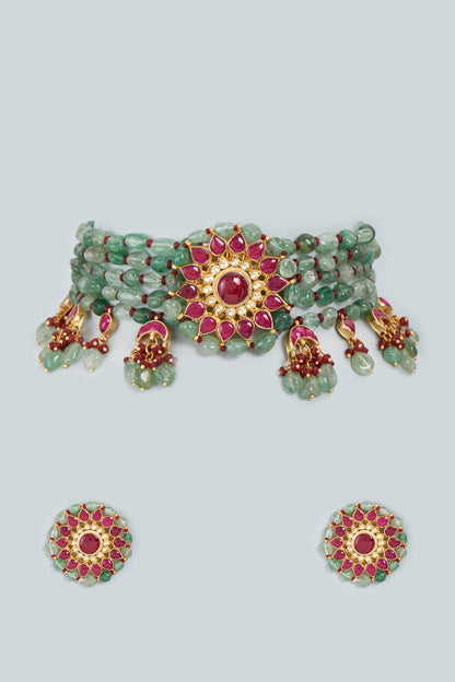 Gold Finish Green Beaded Choker Necklace Set