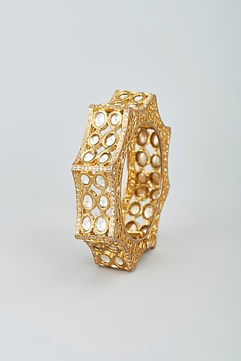 Gold Finish Openable Kada With Kundan Polki