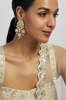 Gold Finish Moissanite Polki & Green Beaded Dangler Earrings
