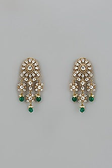 Gold Finish Moissanite Polki & Green Beaded Dangler Earrings