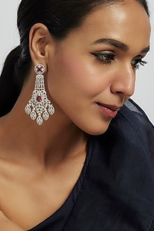White Finish Zircon & Ruby Dangler Earrings