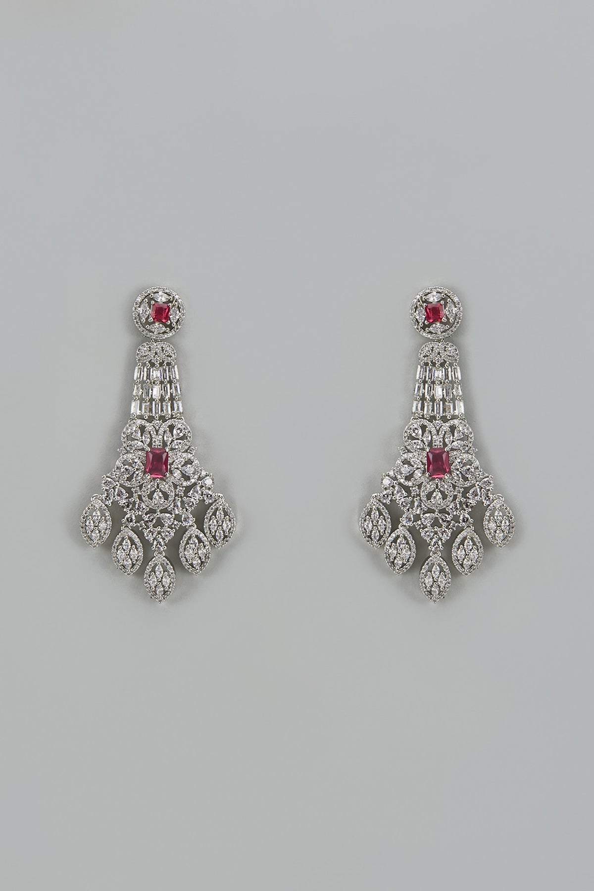 White Finish Zircon & Ruby Dangler Earrings