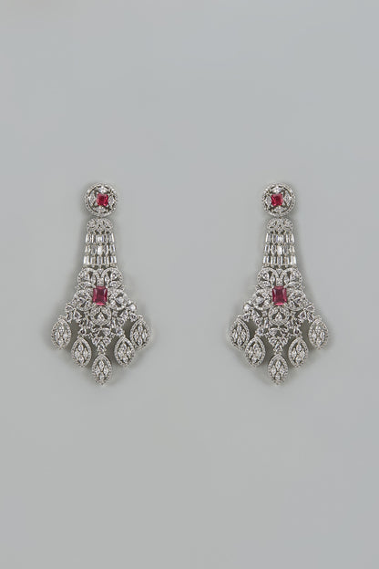 White Finish Zircon & Ruby Dangler Earrings
