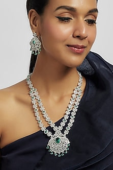White Finish Teal Blue Zircon Long Layered Necklace Set