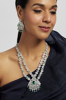 White Finish Teal Blue Zircon Long Layered Necklace Set
